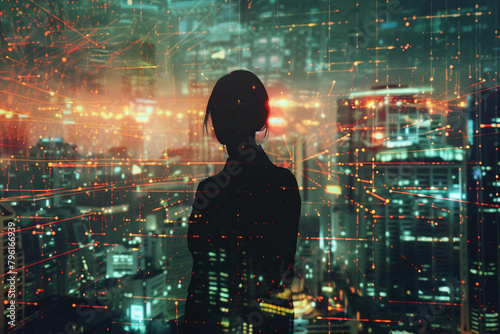 silhouette of a person set against a futuristic digital cityscape, depicted in double exposure The city is a network of glowing lines and data streams, blending with the human © Tohamina