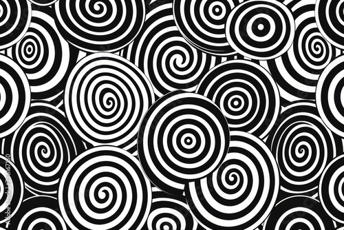 Abstract pattern, inspired by optical illusions, black and white spirals that appear to move