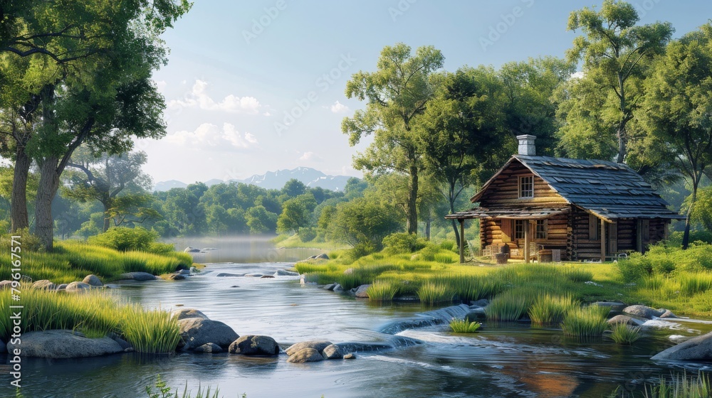 A small cabin is situated on the banks of a river, surrounded by trees and grass A small cabin is situated on the banks of a river, surrounded by trees and grass