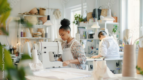 A woman is sewing using a machine in a workshop for fashion design. A seamstress is operating a sewing machine in a fashion design workshop, providing a custom sewing service for customers. Coworking