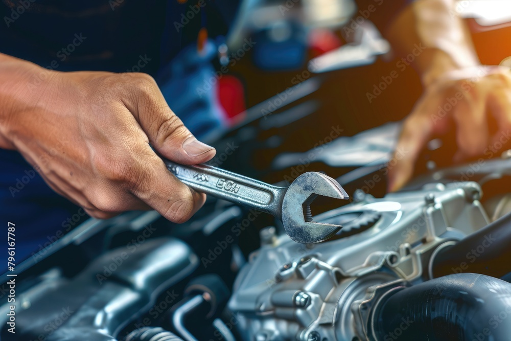 Auto mechanic repairing car engine in auto repair shop. Car service and maintenance concept Auto mechanic repairing car engine in auto repair shop. Car service and maintenance concept