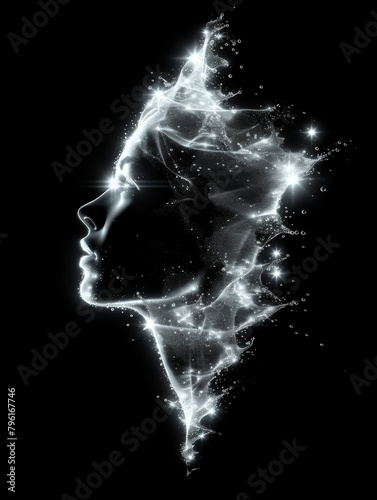 A woman's face is shown in a black background with a glowing, star-like effect. Concept of mystery and wonder, as if the woman's face is a portal to another world