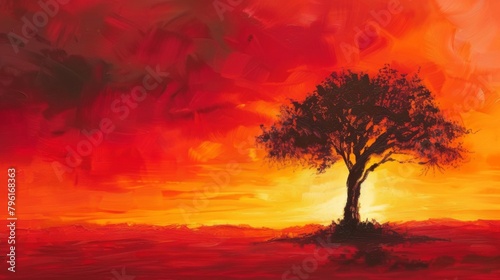 A lone tree stands silhouetted against the fiery hues of sunrise  a symbol of endurance and renewal in the face of the changing day.