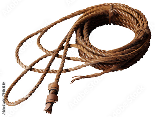 Coiled brown leather lasso rope on a