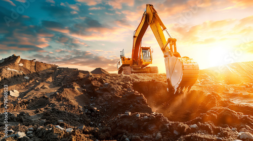 A large yellow excavator is in the dirt, with the sun setting in the background. Concept of hard work and determination, as the machine digs through the earth to complete its task photo