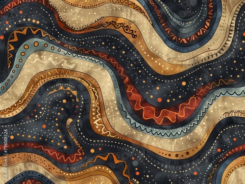 Abstract pattern with tribal-inspired lines and dots in earth tones, perfect for fabric design