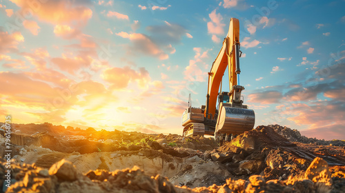 A large yellow excavator is in the dirt, with the sun setting in the background. Concept of hard work and determination, as the machine digs through the earth to complete its task
