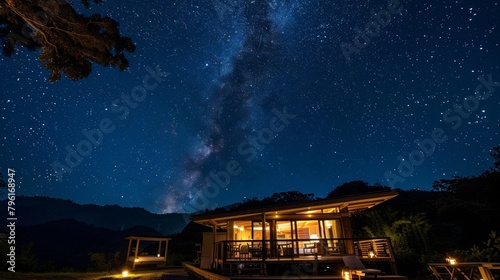 Blanketed by a starry night sky the floating bungalows offer a unique vantage point to take in the beauty of the natural surroundings. 2d flat cartoon.