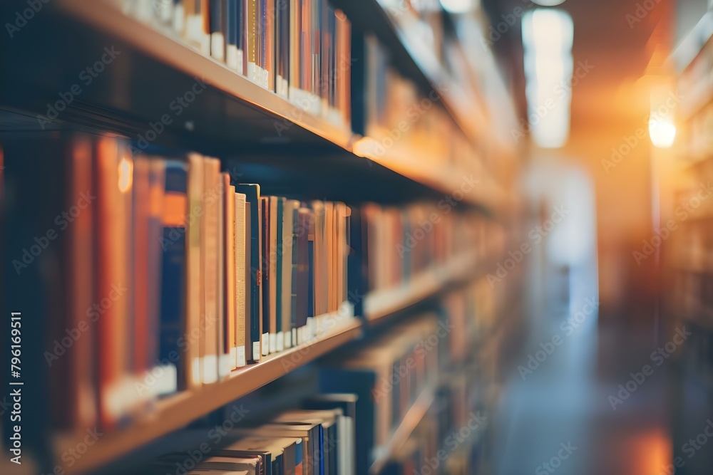 Blurry college library interior ideal as background for bookstore or education. Concept College Library, Background, Bookstore, Education, Blurry Interior