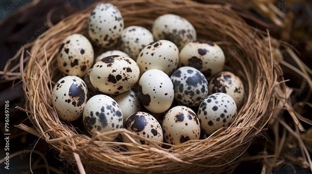 Organic quail eggs in a nest, small and speckled, natural and delicate, Organic quail eggs in a nest, small and speckled, natural and delicate,