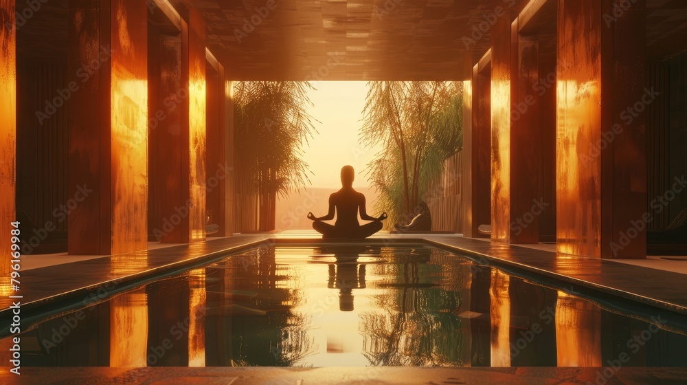 A solitary yoga pose reflected in the calm waters of an indoor pool.