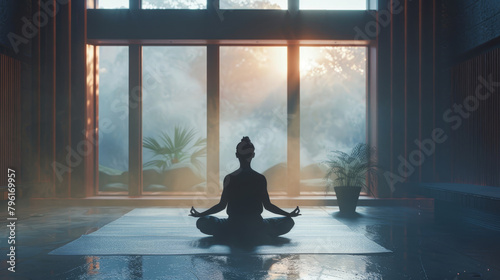 Silhouette of a person meditating in a foggy room at dawn.