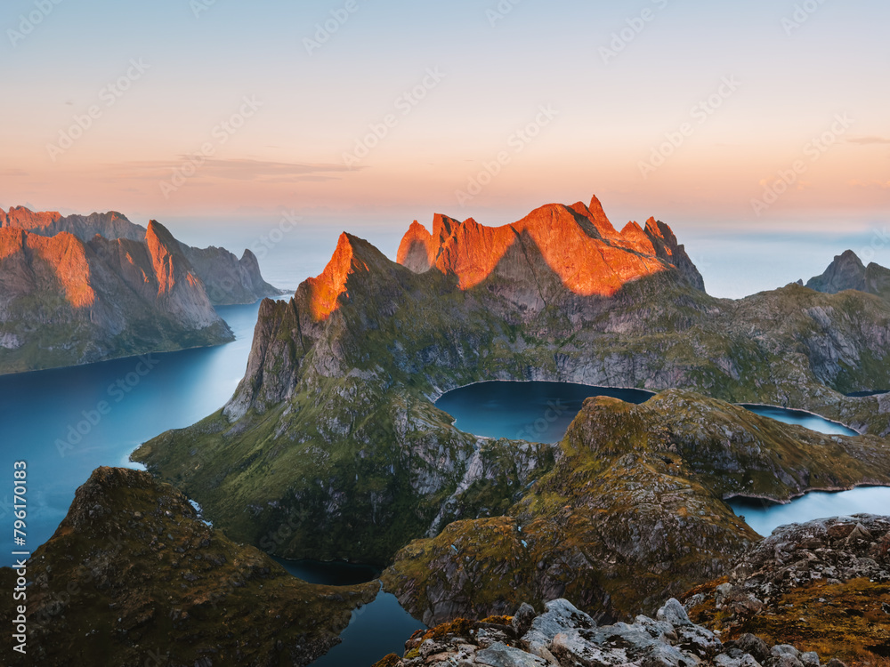 Lofoten islands aerial view sunset landscape in Norway mountains and lakes travel beautiful destinations scenery scandinavian northern nature