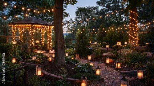 A magical garden adorned with shimmering string lights and glowing lanterns, creating a whimsical and enchanting atmosphere for evening gatherings and events. © Plaifah
