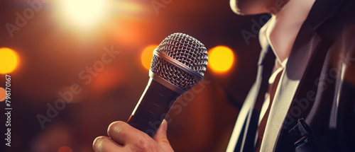 An action shot of a singer switching microphones, focusing on the exchange of microphone handles on stage,