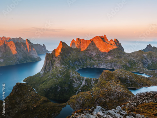 Lofoten islands aerial view sunset landscape in Norway mountains and lakes travel beautiful destinations scenery scandinavian northern nature photo