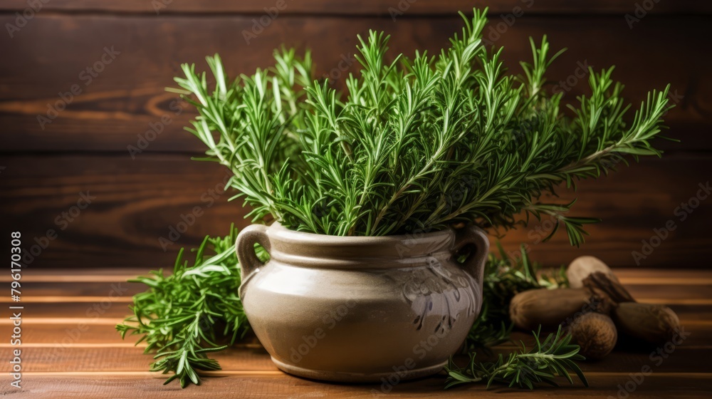 Organic rosemary sprigs in a ceramic pot, aromatic and green, kitchen herbs, Organic rosemary sprigs in a ceramic pot, aromatic and green, kitchen herbs,