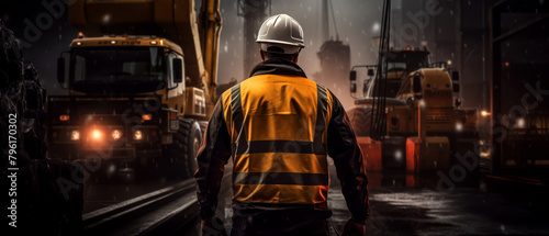 Dramatic image of a worker in a reflective vest overseeing the safe transport of heavy materials with a crane,