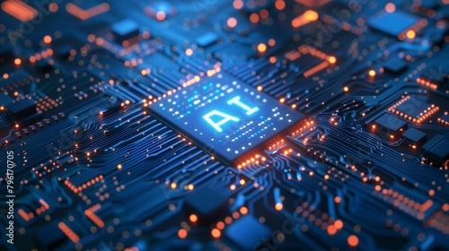 A close-up view of an illuminated AI chip on a blue circuit board with glowing lines.