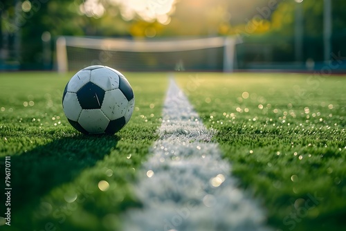 Soccer ball on field with marking line green grass and goal in background. Concept Soccer, Field, Grass, Goal, Sports