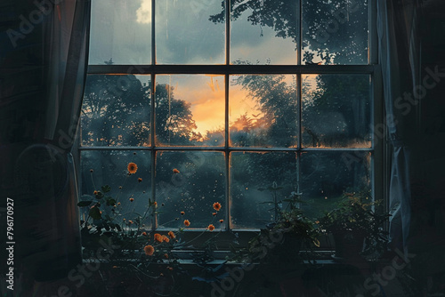 soft light at dusk, illuminating the scene from a large window