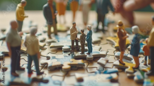 Miniature people on a puzzle surface, engaging in discussions and social interactions.