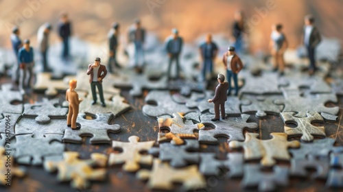 Miniature people standing on a puzzle, depicting teamwork and problem solving in a creative concept.