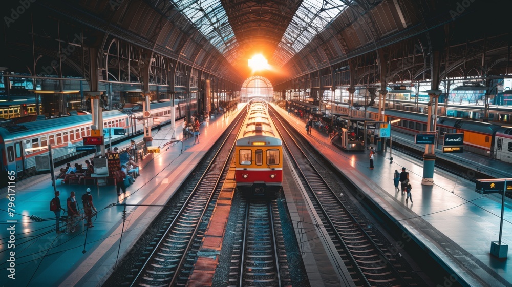 Sunset illuminates a bustling train station with multiple tracks and passengers on the platform. Sunset illuminates a bustling train station with multiple tracks and passengers on the platform.