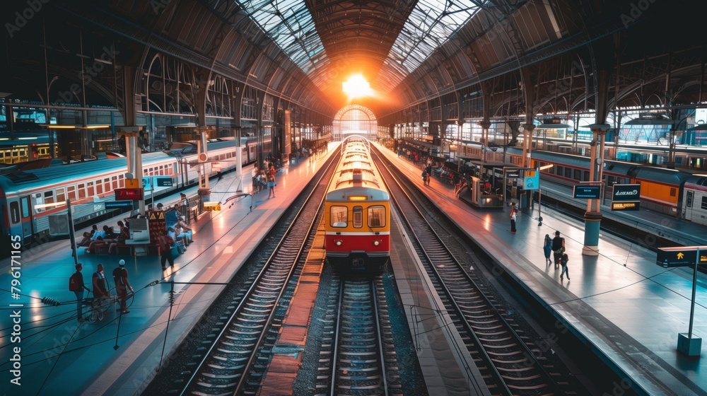 Sunset illuminates a bustling train station with multiple tracks and passengers on the platform.