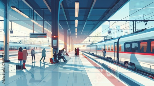 Artistic depiction of a bustling train station with passengers and a modern train.