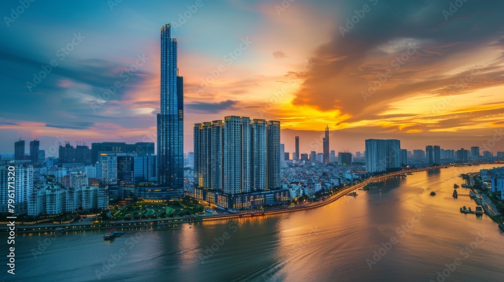 A majestic riverside skyscraper commands attention against the backdrop of a vibrant cityscape, symbolizing progress and prosperity.