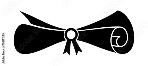 Diploma silhouette flat icon. Rolled paper, scroll. Education document.