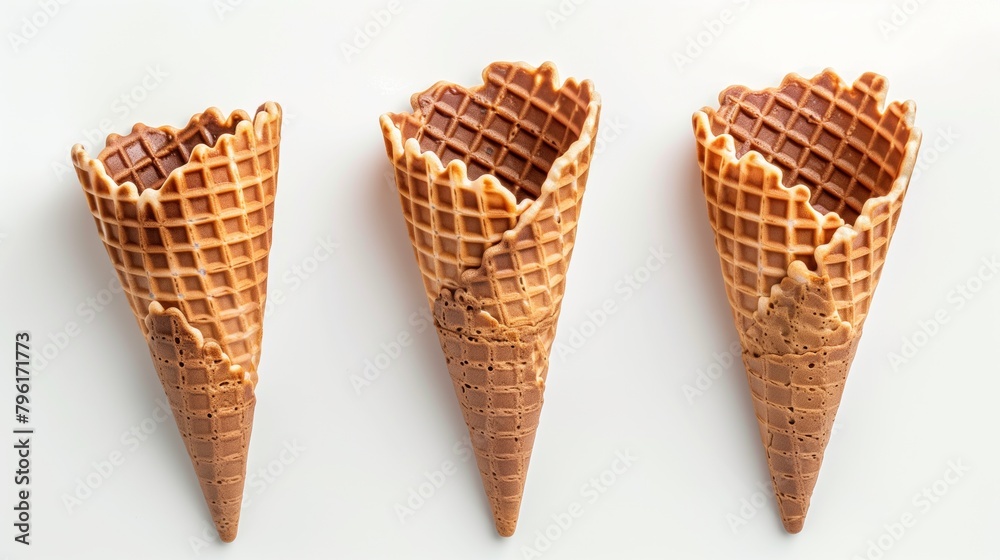 Three empty waffle ice cream cones on a , arranged side by side. - obrazy, fototapety, plakaty 
