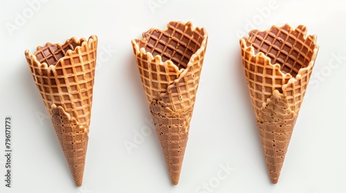 Three empty waffle ice cream cones on a , arranged side by side. © Natalia