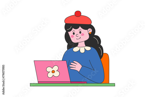 Woman with laptop, online education or online working concept. Vector illustration in flat retro style.