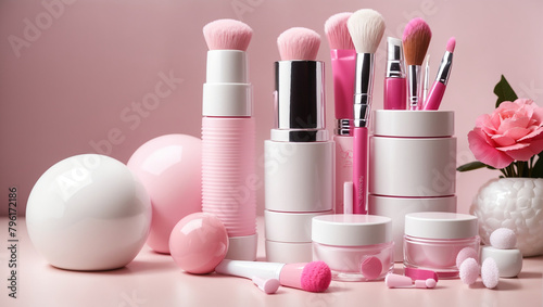 various makeup products displayed on a table against a pink background. There are pink flowers and white podiums as well.