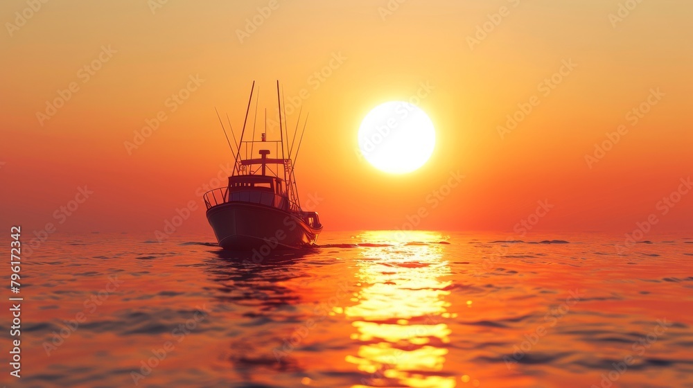 A boat is sailing in the ocean with the sun setting in the background A boat is sailing in the ocean with the sun setting in the background