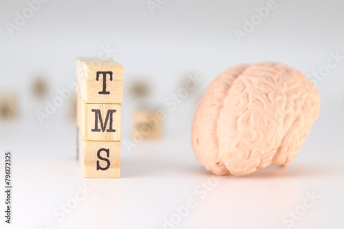 TMS Acronym Transcranial magnetic stimulation concept with brain on white background