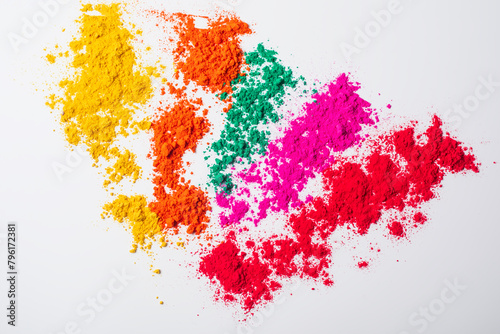Multi color holi powder isolated on white background. Holi is Indian festival of colors.