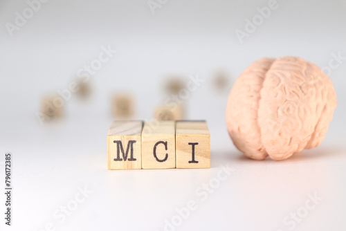 MCI abbreviation Mild Cognitive Impairment concept on white background with a human brain photo