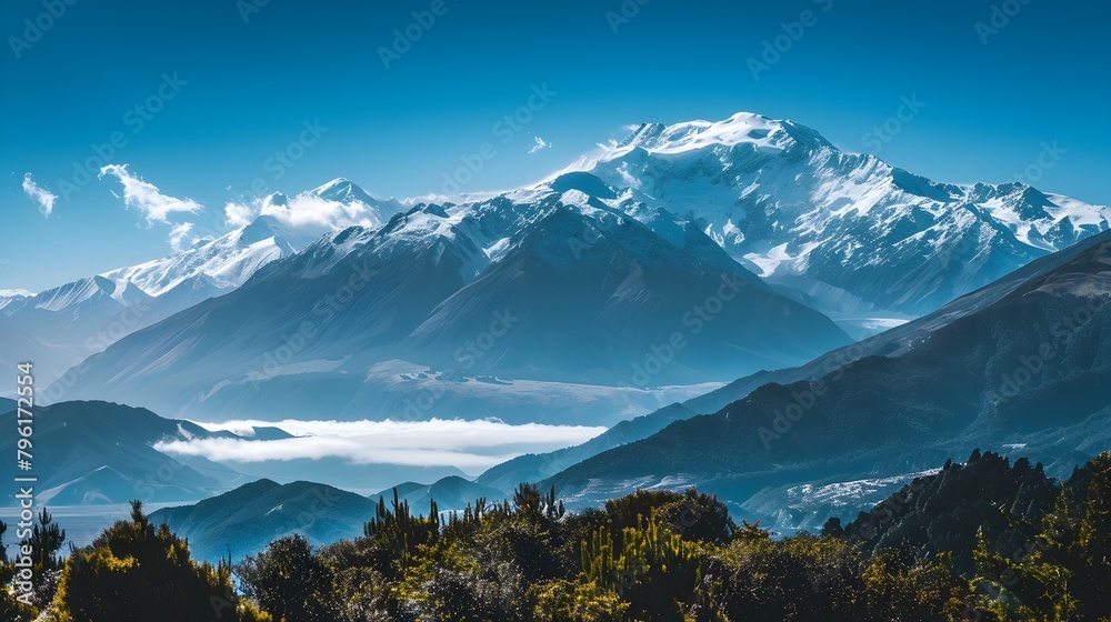 Breathtaking Panoramic Landscape of Snow Capped Mountain Peaks Against Clear Blue Sky