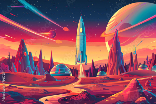 Space Colonization Dome cities on Mars with a classic rocket ship landing in bright optimistic colors #796172541