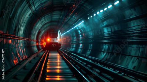A metro train passing through an underground tunnel, its lights illuminating the darkness as it transports passengers swiftly and safely beneath the city streets. photo