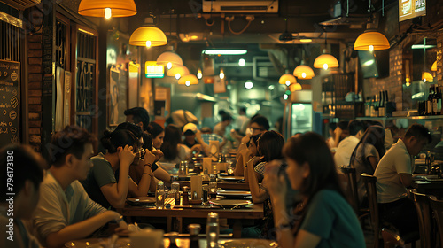 Photo of a busy restaurant, showing vibrant customer interaction. 