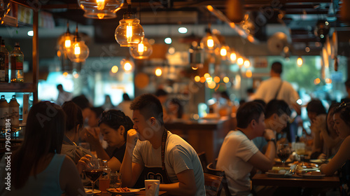 Photo of a busy restaurant, showing vibrant customer interaction. 