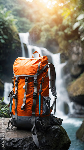 Orange hiking backpack on the background of a waterfall in the rainforest. Travel, trekking tour to wild, exotic places, tourism, outdoor activities. 