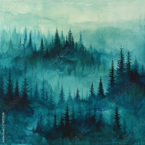Abstract watercolor painting captures misty forest ambiance with flowing cool greens and blues