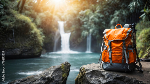 Orange hiking backpack on the background of a waterfall in the rainforest. Travel, trekking tour to wild, exotic places, tourism, outdoor activities.  photo