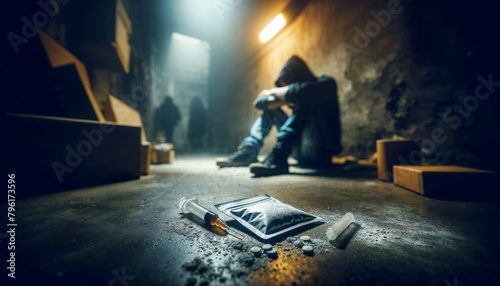 Person desperate for drugs in a gloomy urban alley
