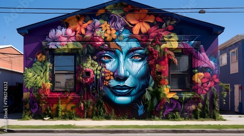 Vibrant and Hyper Street Art Mural Adorns a Colorful Neighborhood Building